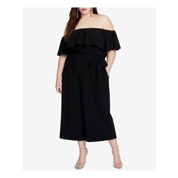 RACHEL RACHEL ROY Pants - RACHEL RACHEL ROY Womens Black Ruffled Off Shoulder Wide Leg Jumpsuit Plus 20W
